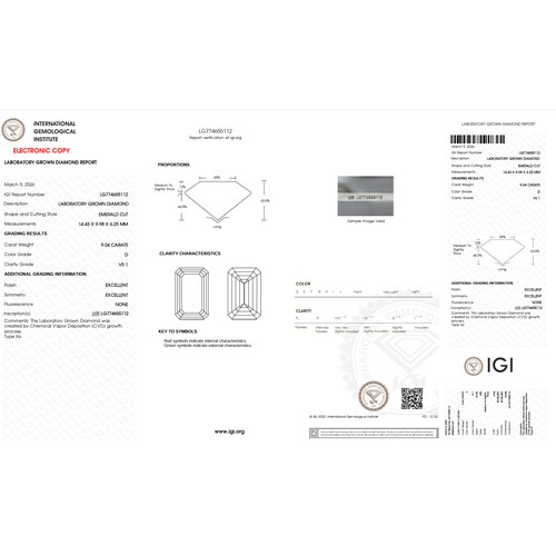 251 - A 9.04Ct Emerald cut Lab-Grown Diamond. Color D, clarity VS1. IGI certified. Cert no: LG774655112. M... 