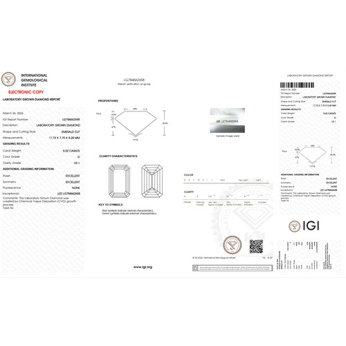 1174 - A 5.02Ct Emerald cut Lab-Grown Diamond. Color D, clarity VS1. IGI certified. Cert no: LG784662658. M... 