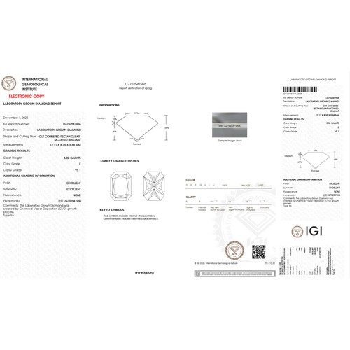 1191 - A 5.02Ct Radiant cut Lab-Grown Diamond. Color E, clarity VS1. IGI certified. Cert no: LG752541966. M... 