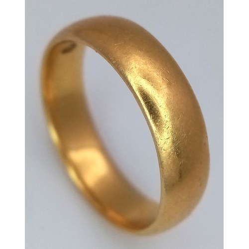 8 - A 22K Yellow Gold Band Ring. 6mm width. Size O. 5.9g.