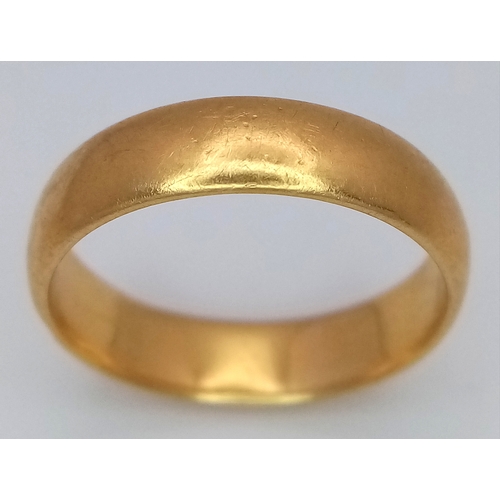 8 - A 22K Yellow Gold Band Ring. 6mm width. Size O. 5.9g.