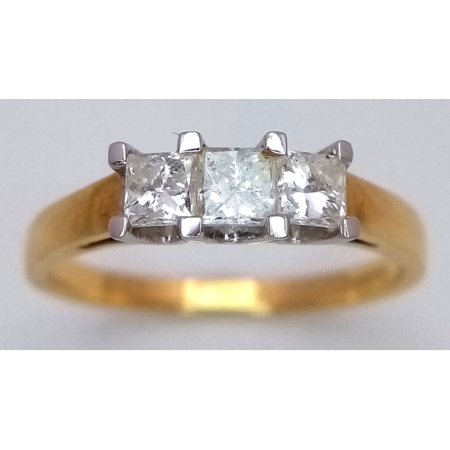 11 - An 18K Yellow Gold Diamond Trilogy Ring. Three Princess cut diamonds - 0.50ctw having F-G colour wit... 