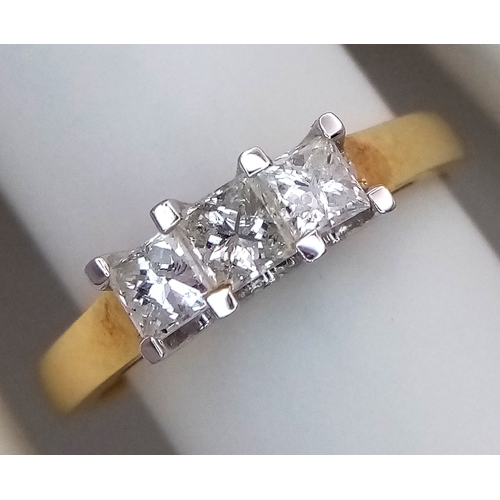 11 - An 18K Yellow Gold Diamond Trilogy Ring. Three Princess cut diamonds - 0.50ctw having F-G colour wit... 
