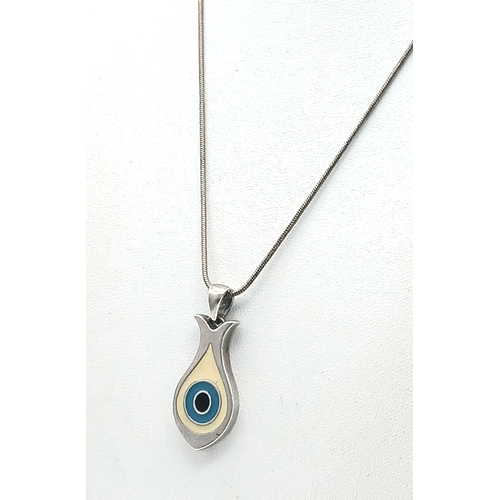 1170 - A Sterling Silver Fish Shaped Pendant with an Enamel Eye Design on an 18K Gold Plated Necklace. Pend... 