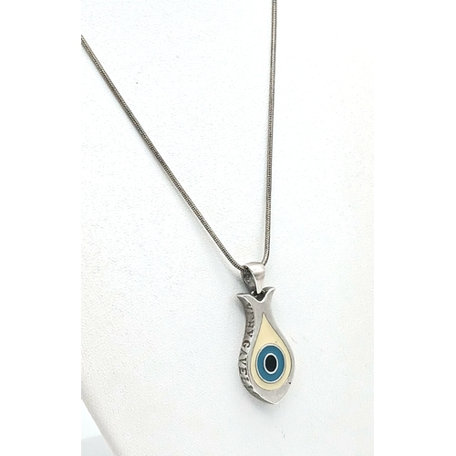 1170 - A Sterling Silver Fish Shaped Pendant with an Enamel Eye Design on an 18K Gold Plated Necklace. Pend... 