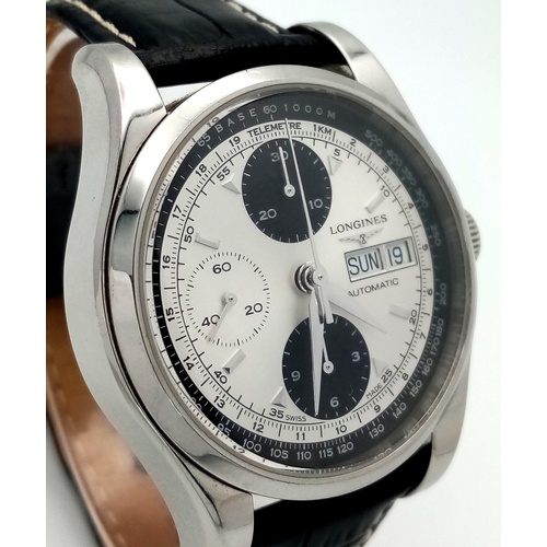 39 - A Longines Heritage Automatic Chronograph Gents Watch. Model L2.747.4. Black leather strap. Stainles... 