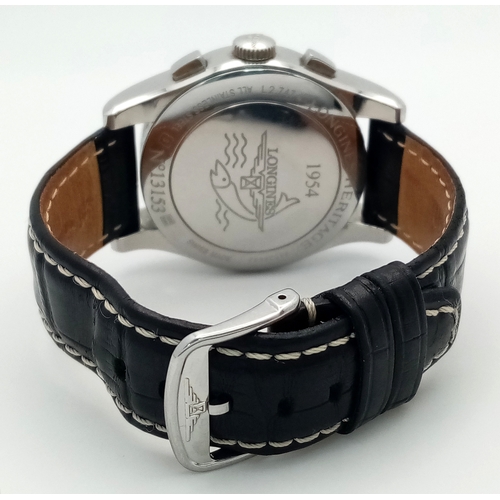 39 - A Longines Heritage Automatic Chronograph Gents Watch. Model L2.747.4. Black leather strap. Stainles... 