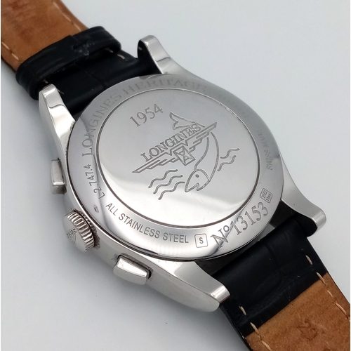 39 - A Longines Heritage Automatic Chronograph Gents Watch. Model L2.747.4. Black leather strap. Stainles... 