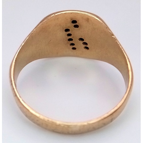 44 - A 9K Yellow Gold Diamond Set Letter 'J' Signet Ring. Size T. 5.1g.