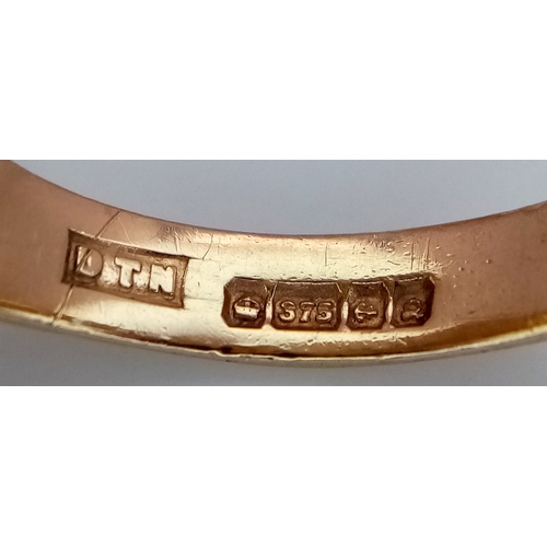 44 - A 9K Yellow Gold Diamond Set Letter 'J' Signet Ring. Size T. 5.1g.