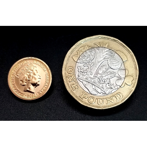 1180 - A 2021, QUEEN ELIZABETH II, GIBRALTAR, THE DRAGON CONQUERED, QUARTER 1/4 SOVEREIGN COIN. 22K GOLD. R... 