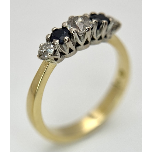 509 - AN 18K YELLOW GOLD, DIAMOND AND SAPPHIRE SET, 5 STONE RING. 0.50CT WEIGHT. TOTAL WEIGHT 4.1G, SIZE N... 