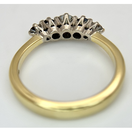 509 - AN 18K YELLOW GOLD, DIAMOND AND SAPPHIRE SET, 5 STONE RING. 0.50CT WEIGHT. TOTAL WEIGHT 4.1G, SIZE N... 