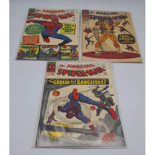 Three Vintage Spiderman Comics. All plastic wrapped and backed. All 12c issues. Please refer to photos for finer details.