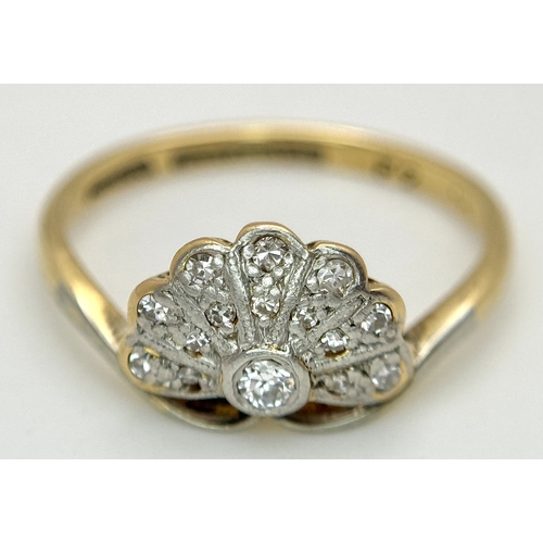 502 - AN 18K YELLOW GOLD AND PLATINUM, ANTIQUE, ART DECO, FAN SHAPED, DIAMOND RING. TOTAL WEIGHT 2.4G, SIZ... 