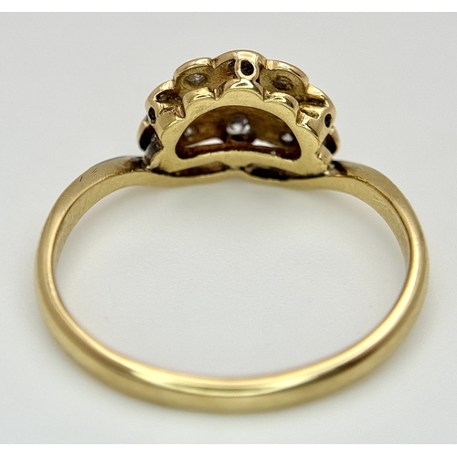 502 - AN 18K YELLOW GOLD AND PLATINUM, ANTIQUE, ART DECO, FAN SHAPED, DIAMOND RING. TOTAL WEIGHT 2.4G, SIZ... 