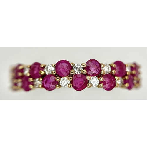 537 - A 9K YELLOW GOLD, DIAMOND AND RUBY SET, 2 ROW RING. 0.20CT WEIGHT. TOTAL WEIGHT 1.5G, SIZE L/M. SC 9... 