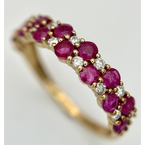 537 - A 9K YELLOW GOLD, DIAMOND AND RUBY SET, 2 ROW RING. 0.20CT WEIGHT. TOTAL WEIGHT 1.5G, SIZE L/M. SC 9... 
