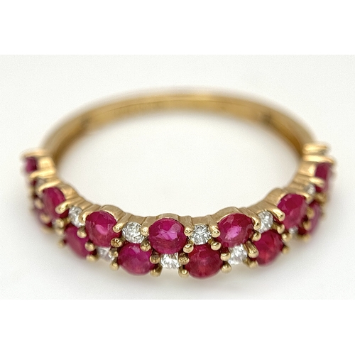 537 - A 9K YELLOW GOLD, DIAMOND AND RUBY SET, 2 ROW RING. 0.20CT WEIGHT. TOTAL WEIGHT 1.5G, SIZE L/M. SC 9... 