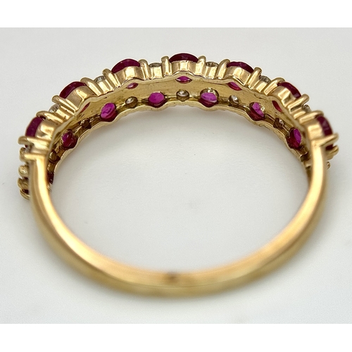 537 - A 9K YELLOW GOLD, DIAMOND AND RUBY SET, 2 ROW RING. 0.20CT WEIGHT. TOTAL WEIGHT 1.5G, SIZE L/M. SC 9... 