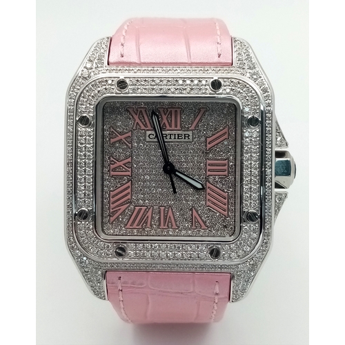 60 - A Cartier Santos 100 Diamond Encrusted Automatic Watch. Pink leather strap with fold-over clasp. Dia... 