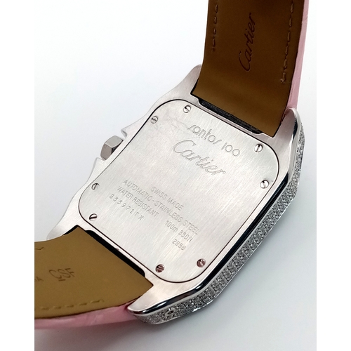 60 - A Cartier Santos 100 Diamond Encrusted Automatic Watch. Pink leather strap with fold-over clasp. Dia... 