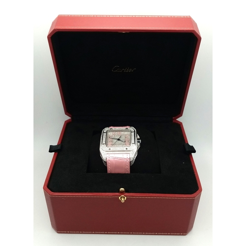 60 - A Cartier Santos 100 Diamond Encrusted Automatic Watch. Pink leather strap with fold-over clasp. Dia... 