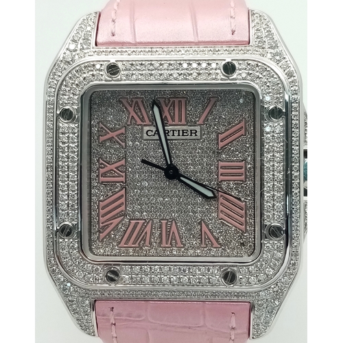 60 - A Cartier Santos 100 Diamond Encrusted Automatic Watch. Pink leather strap with fold-over clasp. Dia... 