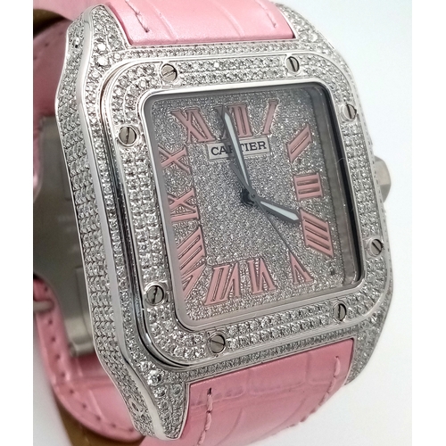 60 - A Cartier Santos 100 Diamond Encrusted Automatic Watch. Pink leather strap with fold-over clasp. Dia... 