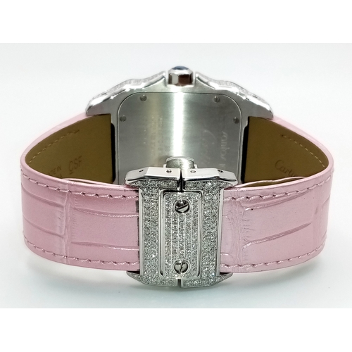 60 - A Cartier Santos 100 Diamond Encrusted Automatic Watch. Pink leather strap with fold-over clasp. Dia... 