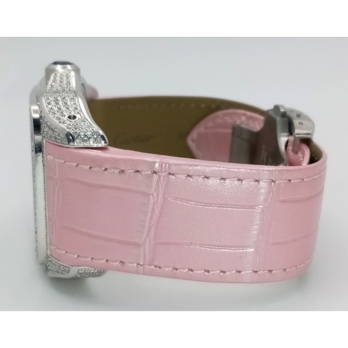 60 - A Cartier Santos 100 Diamond Encrusted Automatic Watch. Pink leather strap with fold-over clasp. Dia... 