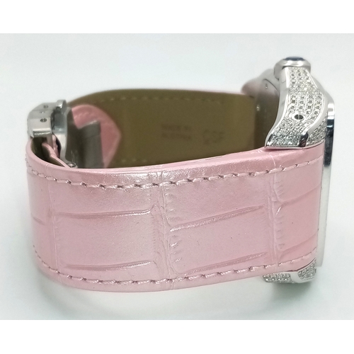 60 - A Cartier Santos 100 Diamond Encrusted Automatic Watch. Pink leather strap with fold-over clasp. Dia... 