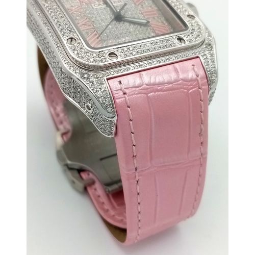 60 - A Cartier Santos 100 Diamond Encrusted Automatic Watch. Pink leather strap with fold-over clasp. Dia... 