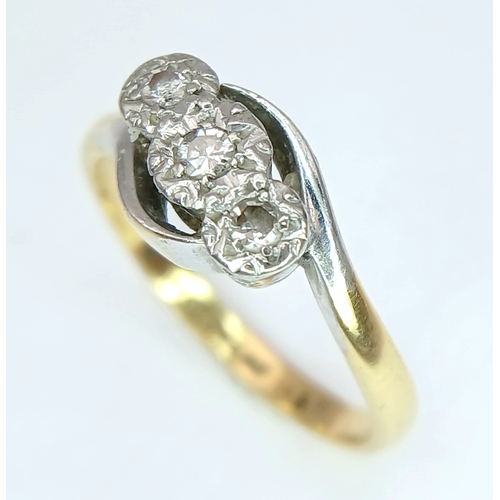 56 - Antique 18 CARAT GOLD RING with 3 DIAMONDS set in  PLATINUM. Complete with Antique Ring Box. 2.40 Gr... 