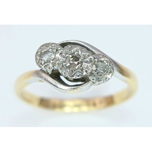 56 - Antique 18 CARAT GOLD RING with 3 DIAMONDS set in  PLATINUM. Complete with Antique Ring Box. 2.40 Gr... 