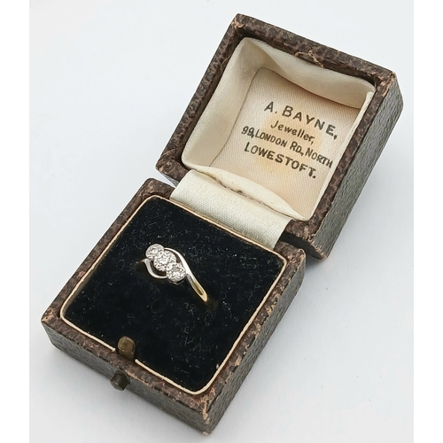 56 - Antique 18 CARAT GOLD RING with 3 DIAMONDS set in  PLATINUM. Complete with Antique Ring Box. 2.40 Gr... 