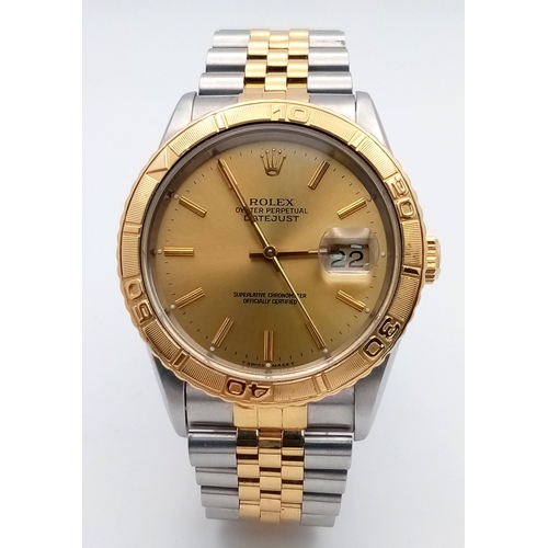 A Highly Collectible Rolex Datejust Turn-O-Graph Automatic Gents Watch. Jubilee bi-metal bracelet and case - 36mm. Rotating fluted bezel. Gold tone dial. In working order.