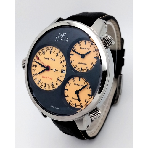 1205 - A Glycine Airman 7 Crosswise Automatic Gents Watch. Model 3841. Black silicone and leather strap. La... 