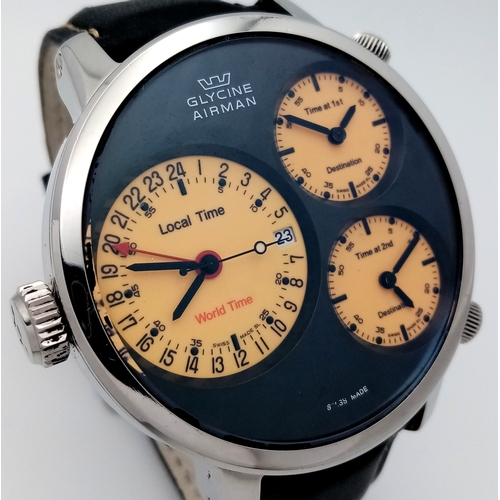 1205 - A Glycine Airman 7 Crosswise Automatic Gents Watch. Model 3841. Black silicone and leather strap. La... 