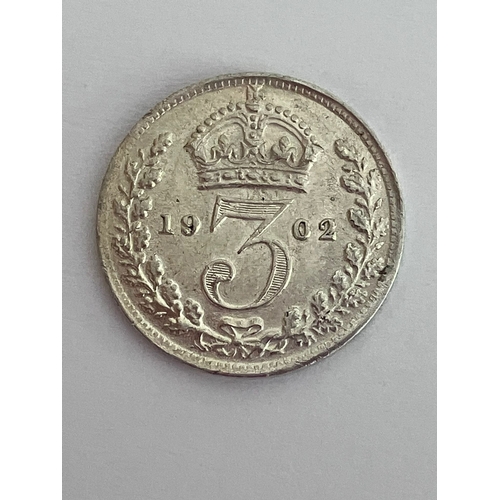 1181 - 1902 SILVER MAUNDY THREE PENCE COIN . (First EDWARD VII ISSUE) . Extra Fine Condition.