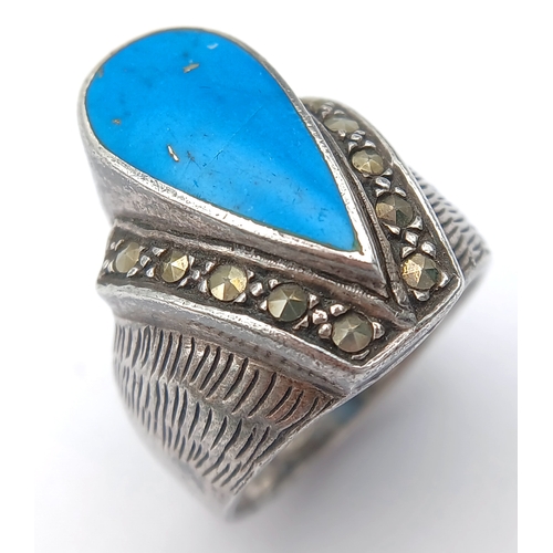 1202 - Vintage SILVER and TURQUOISE RING . Consisting a Large Polished Turquoise Gemstone in a SILVER MARCA... 