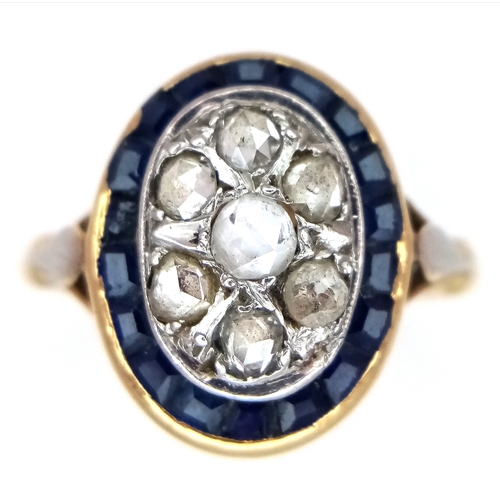 505 - An Antique Art Deco 18K Gold (tests as) Diamond and Sapphire Ring. Rose cut diamonds with a sapphire... 