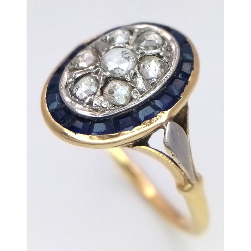 505 - An Antique Art Deco 18K Gold (tests as) Diamond and Sapphire Ring. Rose cut diamonds with a sapphire... 