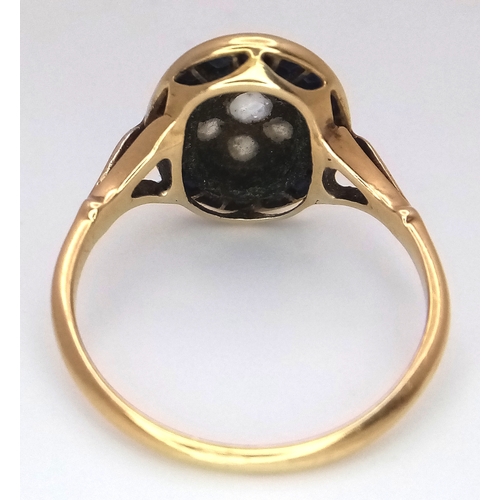 505 - An Antique Art Deco 18K Gold (tests as) Diamond and Sapphire Ring. Rose cut diamonds with a sapphire... 