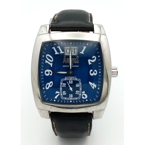 549 - An Arbutus Automatic Gents Watch. Black leather strap. Stainless steel case - 36mm. Ice blue dial wi... 