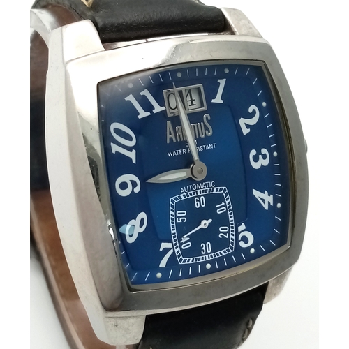 549 - An Arbutus Automatic Gents Watch. Black leather strap. Stainless steel case - 36mm. Ice blue dial wi... 