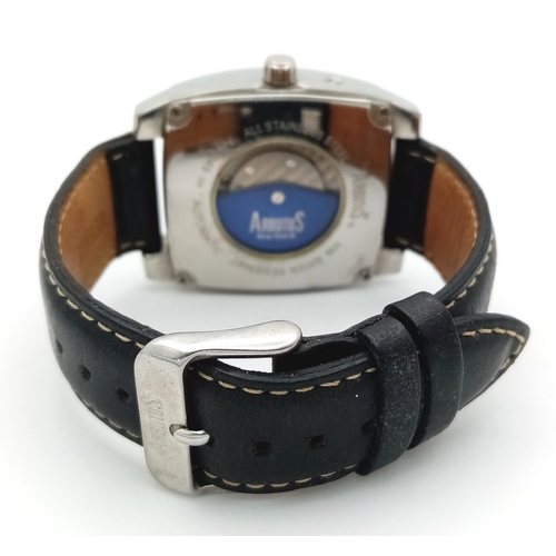 549 - An Arbutus Automatic Gents Watch. Black leather strap. Stainless steel case - 36mm. Ice blue dial wi... 