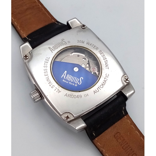 549 - An Arbutus Automatic Gents Watch. Black leather strap. Stainless steel case - 36mm. Ice blue dial wi... 