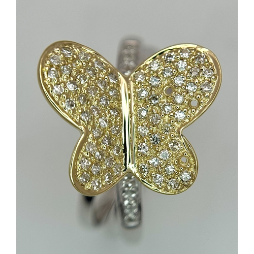 1165 - A 14K Yellow Gold Split Band Ring with Diamond Encrusted Ornate Butterfly. 4 stones missing. 11mm wi... 