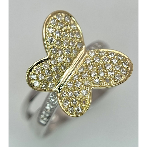 1165 - A 14K Yellow Gold Split Band Ring with Diamond Encrusted Ornate Butterfly. 4 stones missing. 11mm wi... 